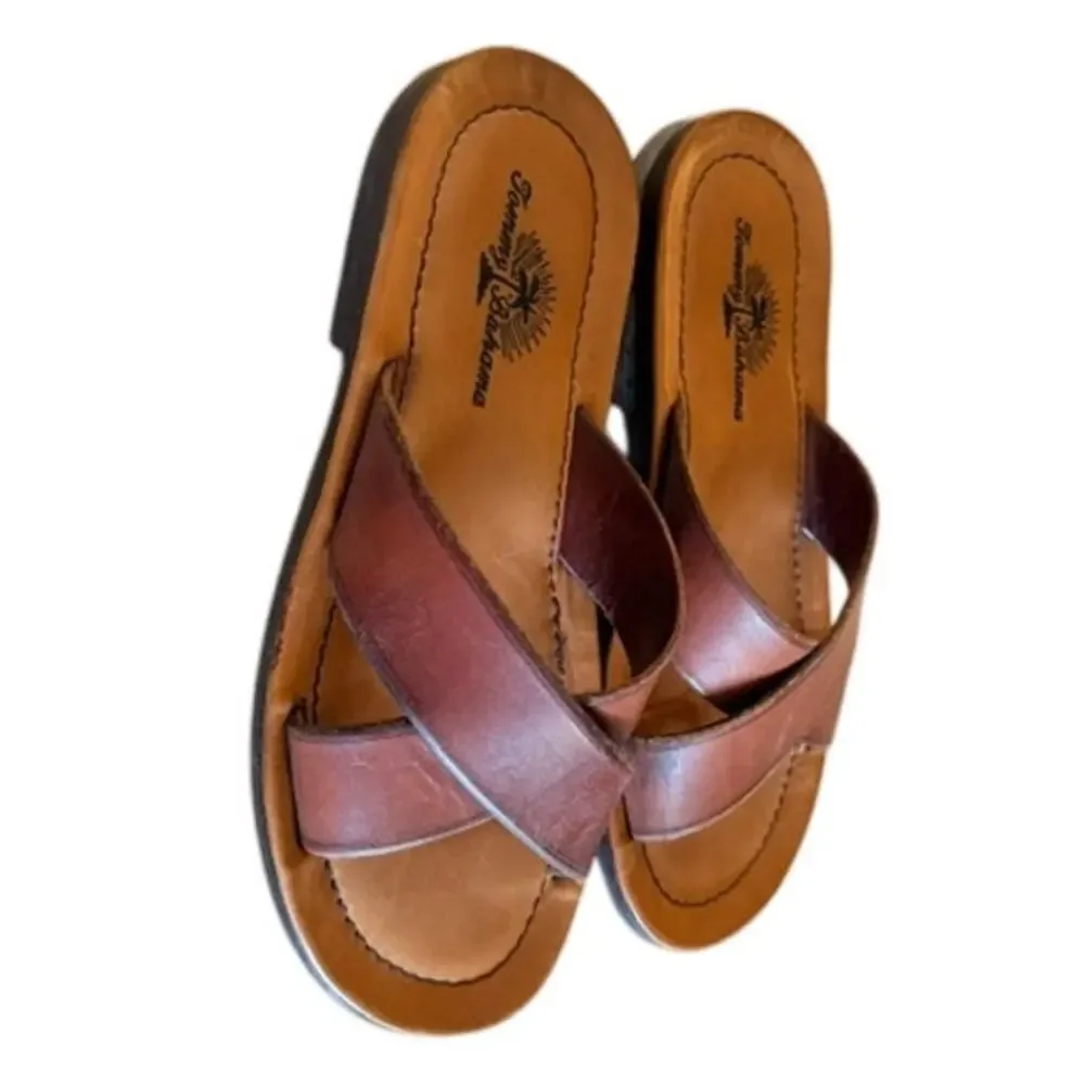 Tommy Bahama Brown Leather Cross Strap Slide Sandals Men's Size 9